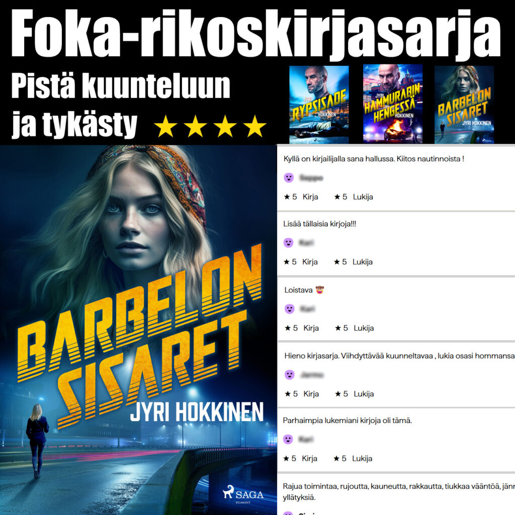 Kirjailija Jyri Hokkinen Foka-rikostrilogia on saanut hyviä palautteita ja sitä on kuunneltu yli 50 000 tuntia äänikirjoina.