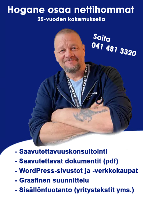 Jyri Hokkisen palvelut: saavutettavuuskonsultointi, saavutettavat dokumentit (pdf), WordPress-sivustot ja -verkkokaupat, graafinen suunnittelu ja sisällöntuotanto (yritystekstit)